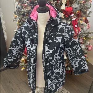 Roxy Girls Hooded Winter Jacket Black Floral Pink Lined Size 7/8